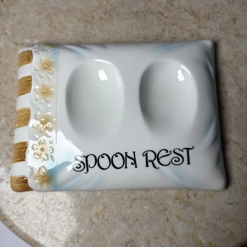 Vintage Enesco Japan Double SPOON REST Plate White Ceramic 6 x‎ 4.5